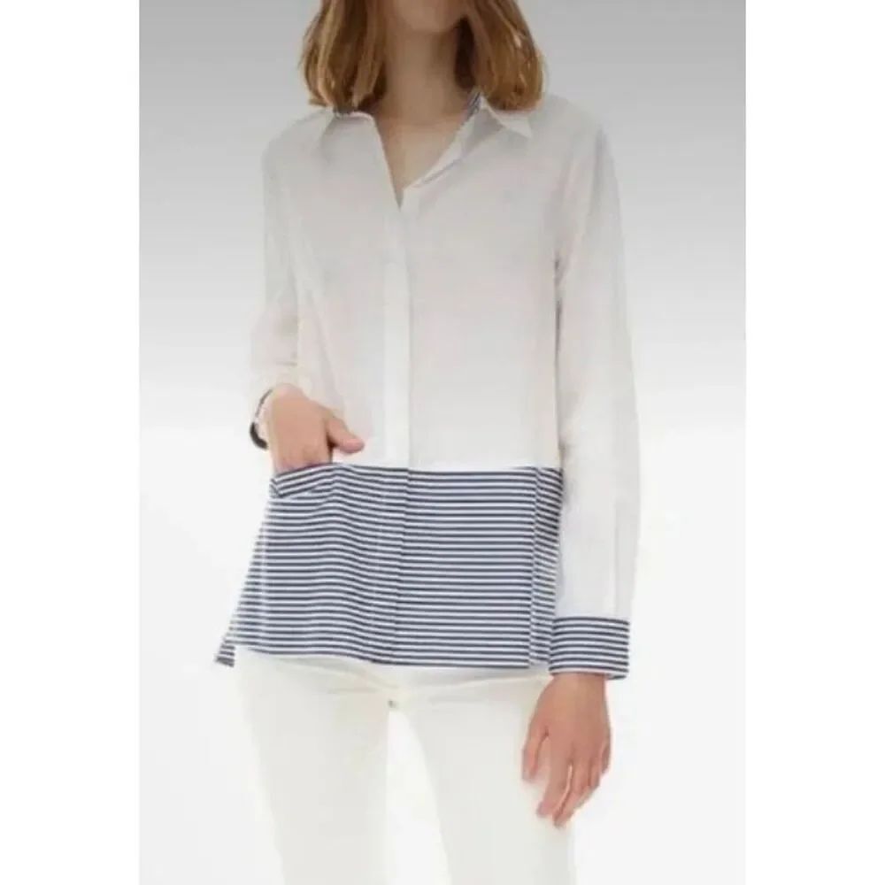Harshman Azur Blouse Long Sleeve Shirt White & Navy Stripe Women’s XS (2-4)
